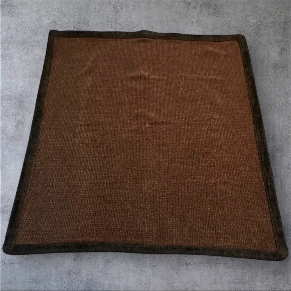 Pottery Barn Brown Basketweave Throw‎ Blanket Faux Fur Trim 58x48 Cozy Winter